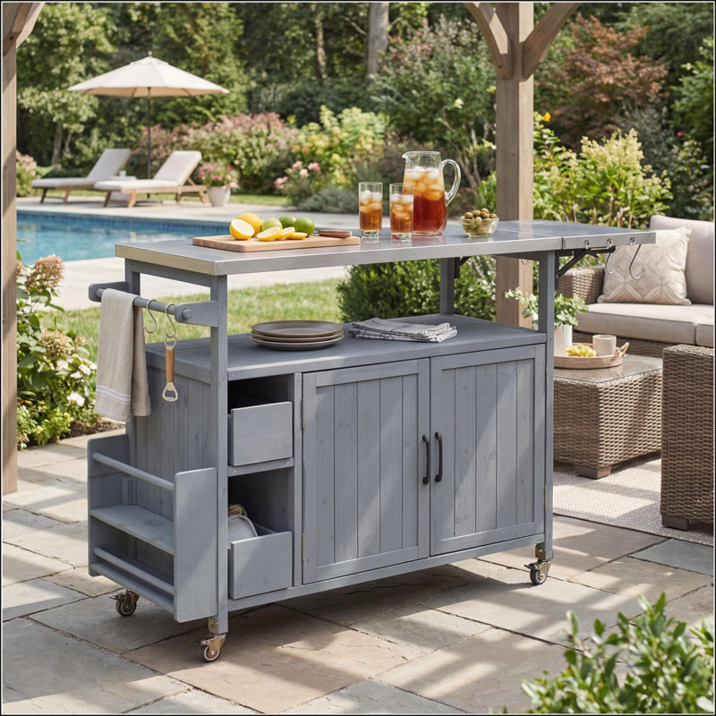 Chariot de cuisine à roulettes pour l'extérieur durable avec plateau en acier inoxydable, rangement multifonctionnel et roues verrouillables pour le barbecue de la terrasse et de la cour