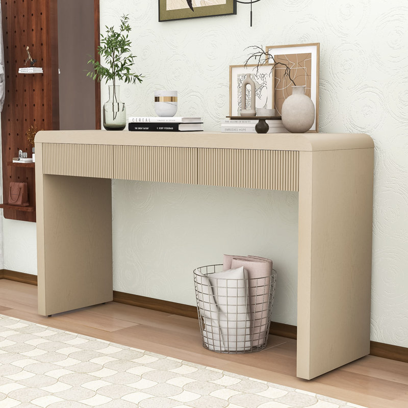 Rustic Minimalist Wooden Console Table with Storage Drawers, Adjustable Feet and Curved Edge Design, Apricot