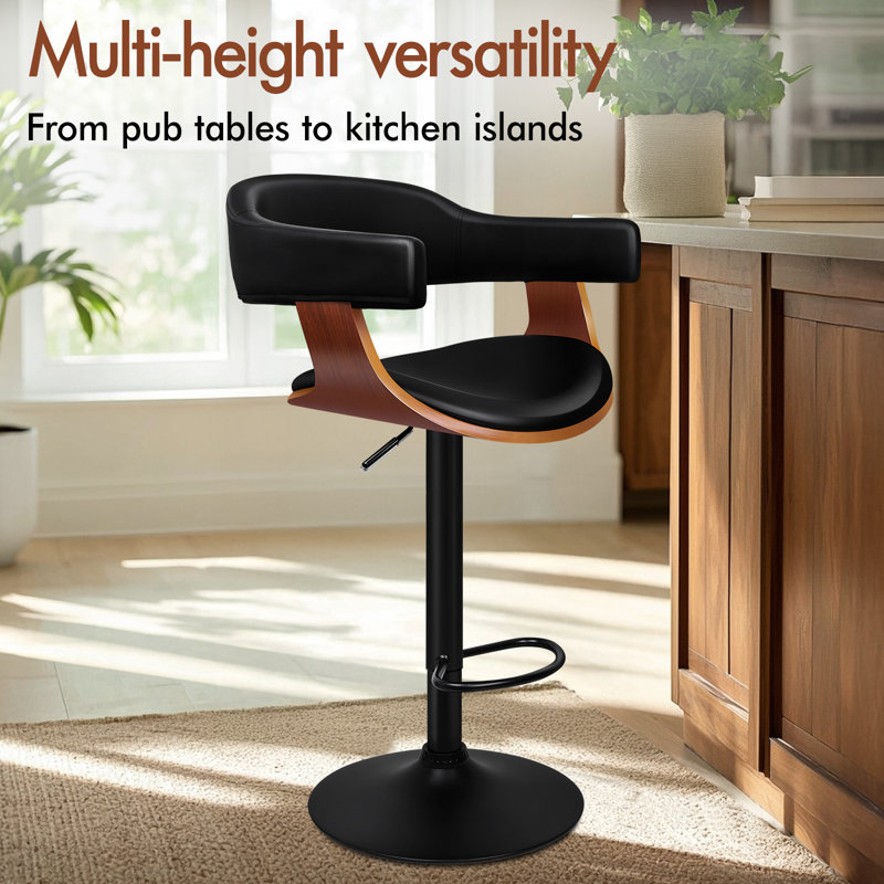Upholstered Adjustable Height Counter Stool with Solid Wood Frame, Black/Black