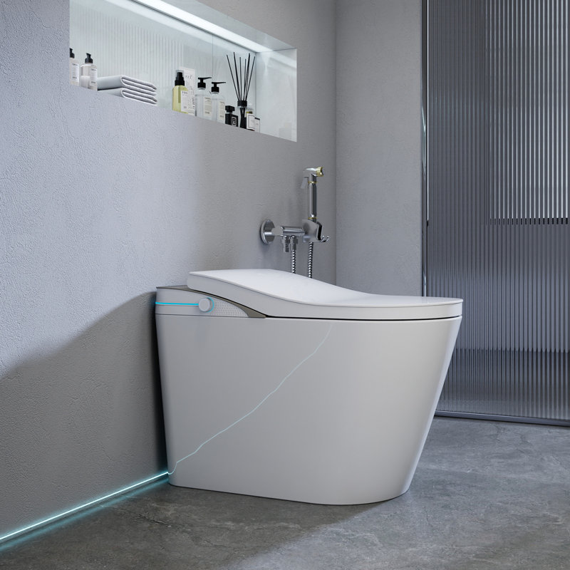 SJ STAR&JANE Elongated Smart Toilet 1.32 GPF In White And Gray, With Tankless Heated Seat, Auto Flush, Warm Air Dryer, Foot Sensor