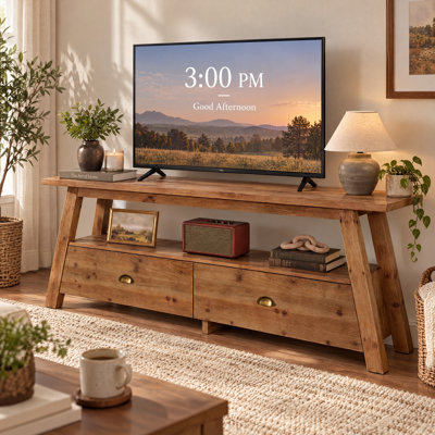 63" Solid Wood TV Stand for TVs Up to 65", Farmhouse TV Console Table with 2 Drawers for Living Rooms, Bedrooms