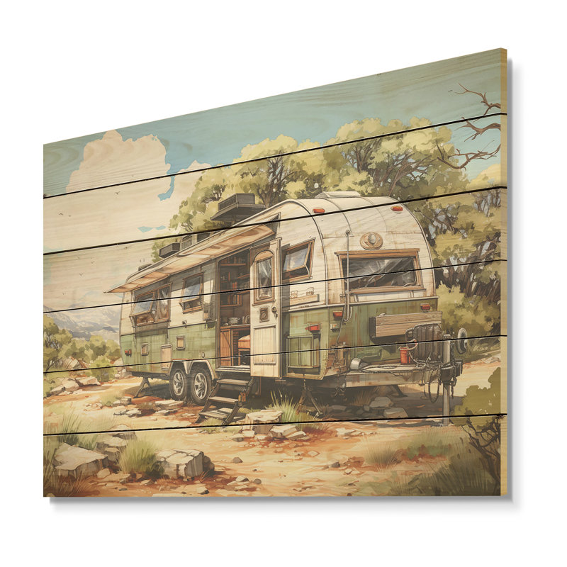 Paysage de camping fourgon - Art mural en bois sur bois de pin naturel, H 10 po x l 20 po