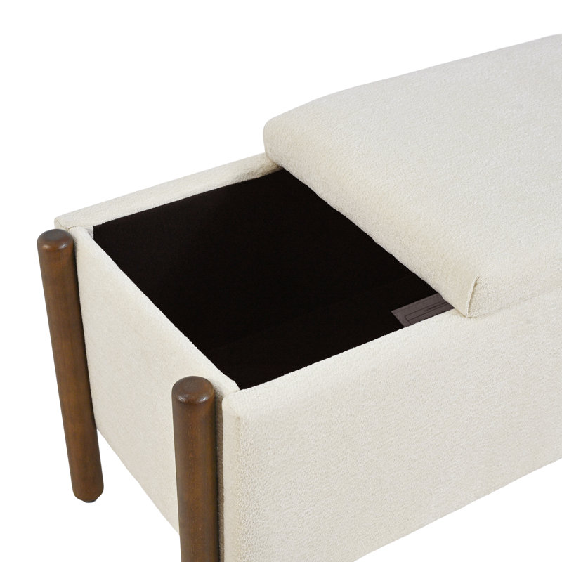 Multifunctional Chenille Storage Bench with Cylindrical Solid Wood Legs, Beige
