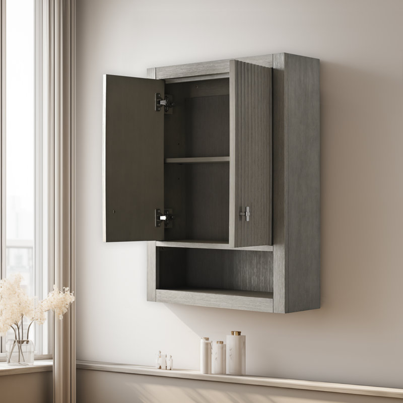 Armoire de rangement de salle de bain murale 24 po avec 2 portes, tablette réglable et tablette ouverte, Bois flottant gris