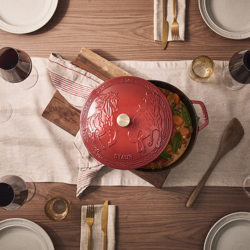 Staub Cast Iron Essential French Oven, Dutch Oven, 5-Quart, Serves 5-6, Made In France,  With Horse Lid - Cherry, Cherry