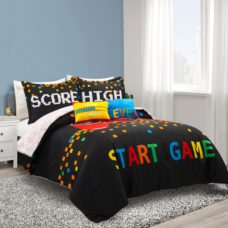 Video Games Reversible Oversized Comforter Gray, Twin, Black