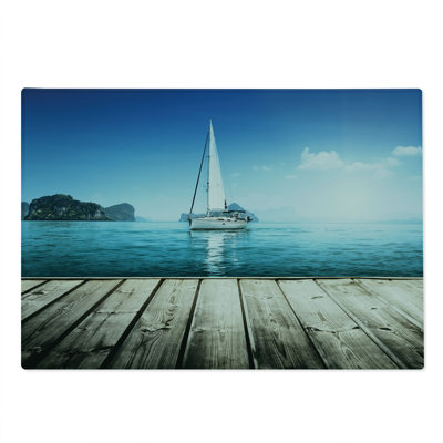 Ambesonne Nautical Cutting Board Large Size Yacht and Wooden Deck Blue Brown