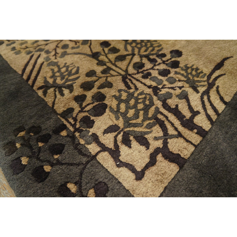 Neutral Cream and Gray Antique Minimalist Chinese Deco Hallway Runner Rug