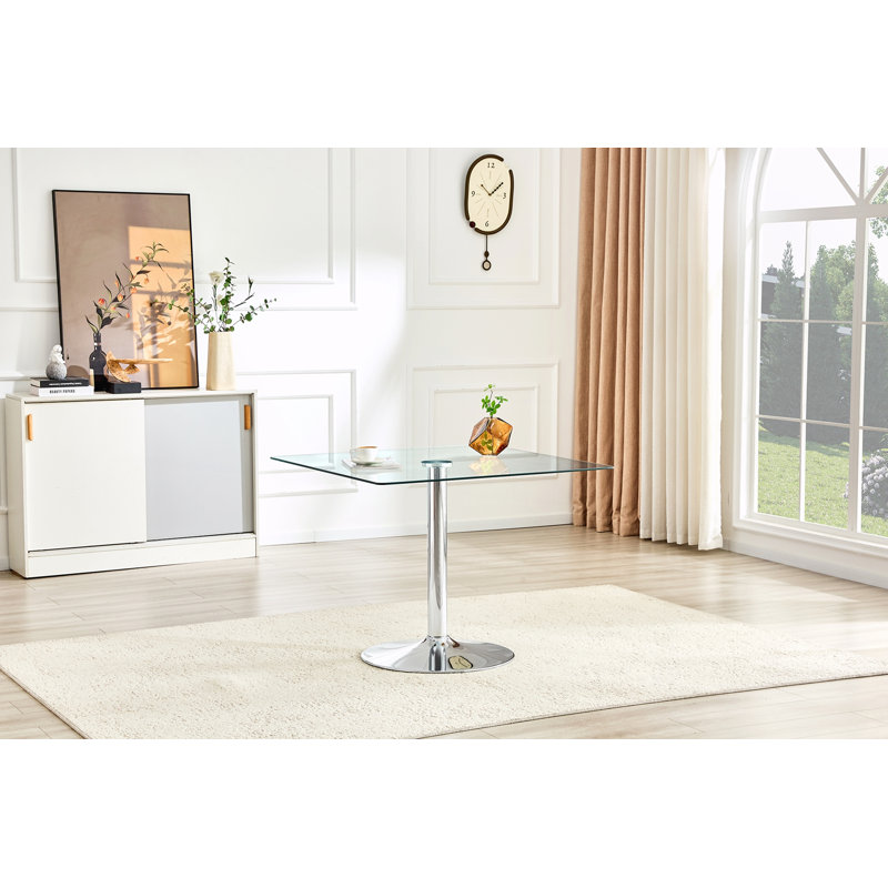 Table de salle à manger moderne en verre minimaliste carrée avec base en métal à colonne unique, Transparent / argent