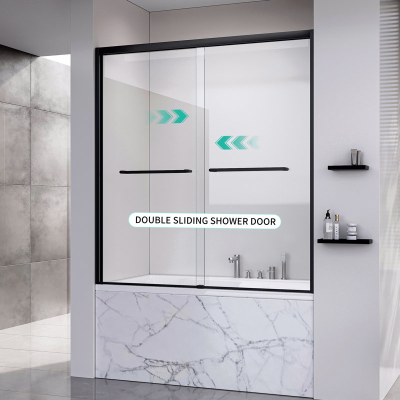 Frame Double Sliding Soft-Close Shower Doors, Bathroom Sliding Shower Door,  (6Mm) Thick Tempered Glass Door, Matte Black