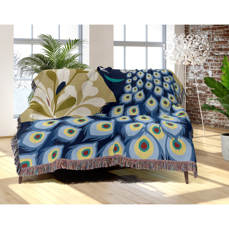 Jeté en mélange de coton Nivo Peacock, Bleu, L 60 po x l 60 po