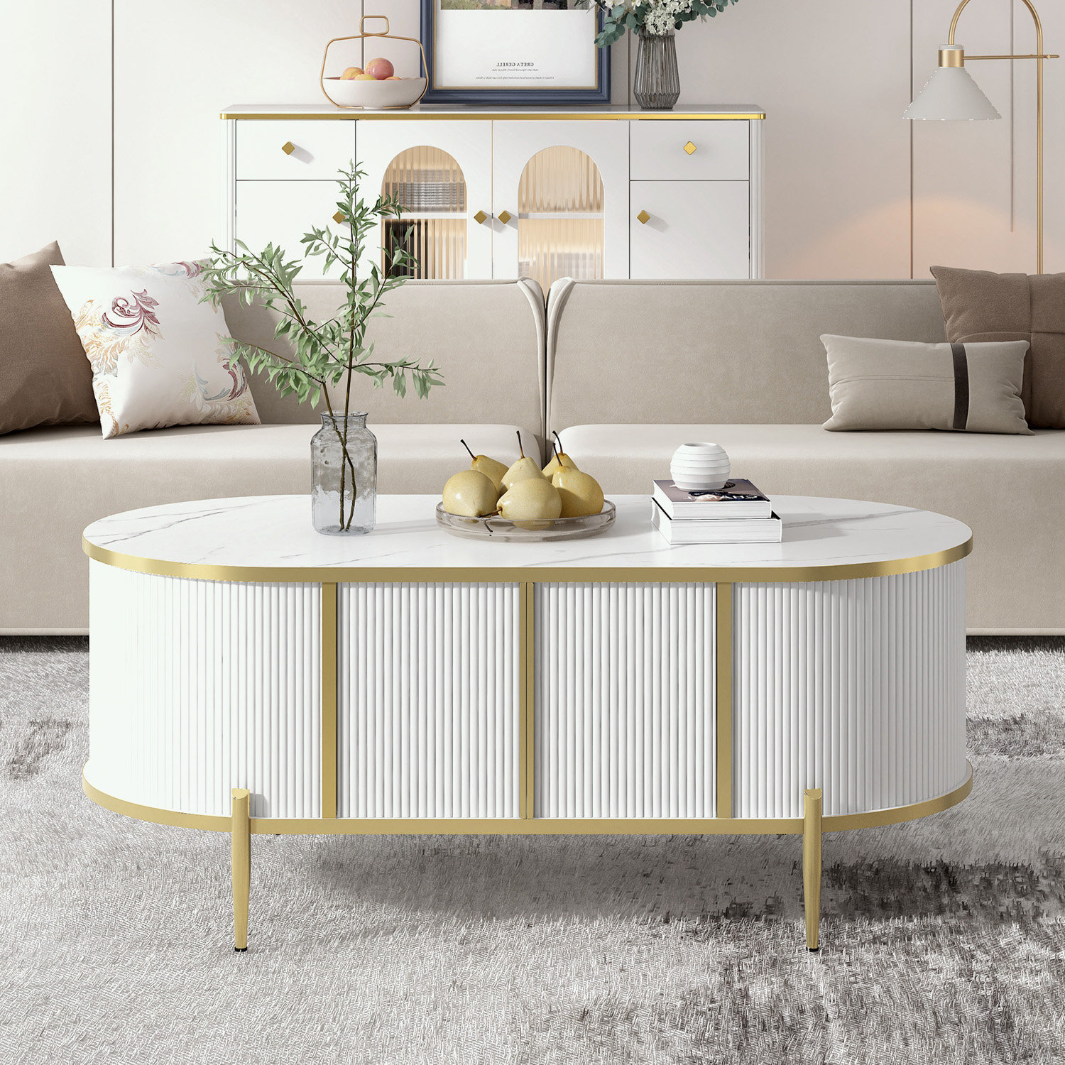 Mercer41 Modern Oval shaped Coffee Table with 2 Cabinets, Metal Legs ...