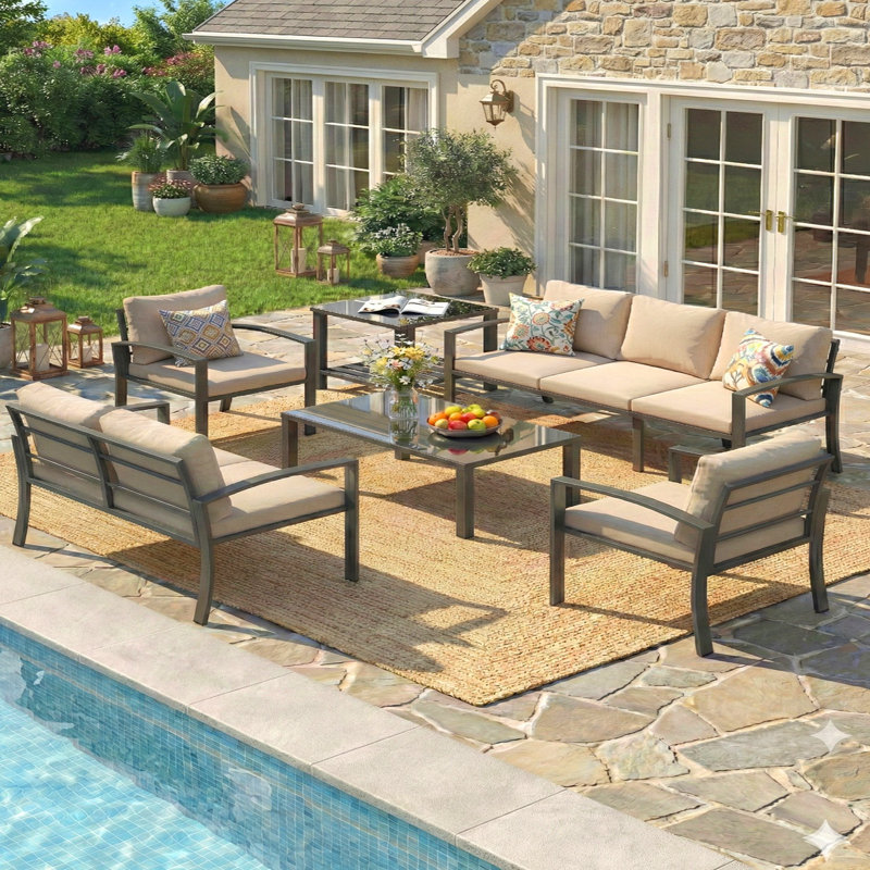 7 Seats Modern Outdoor Furniture With Coffee Table & Side Table, Beige