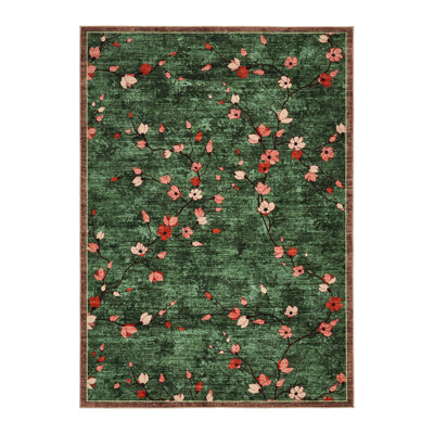 9x12 Area Rug for Living Room, Vintage Floral Rug, Washable Non Slip & Low Pile Carpet for Living Room, Bedroom, Dining Room, Dark Green