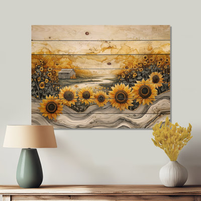 Paysage de tournesols sur un sommet de Crystal River - Art mural en bois de tournesols - sur bois de pin naturel