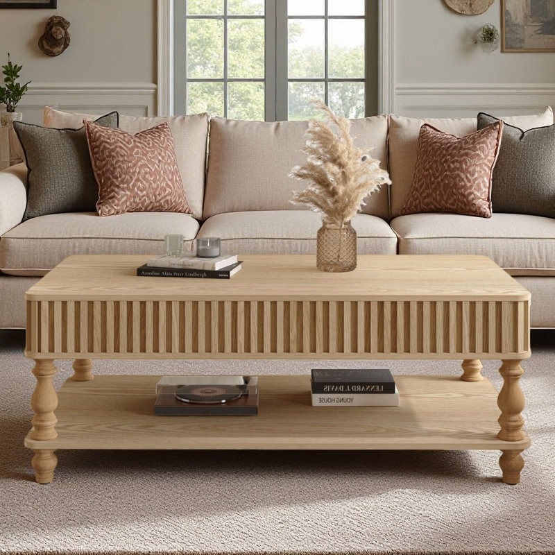 Table basse cannelée à plateau relevable de 47,24 po avec rangement caché avec pieds à colonnes romaines, bandes rectangulaires en bois massif faites à la main pour un petit appartement, conception à plateau relevable multifonctionnel