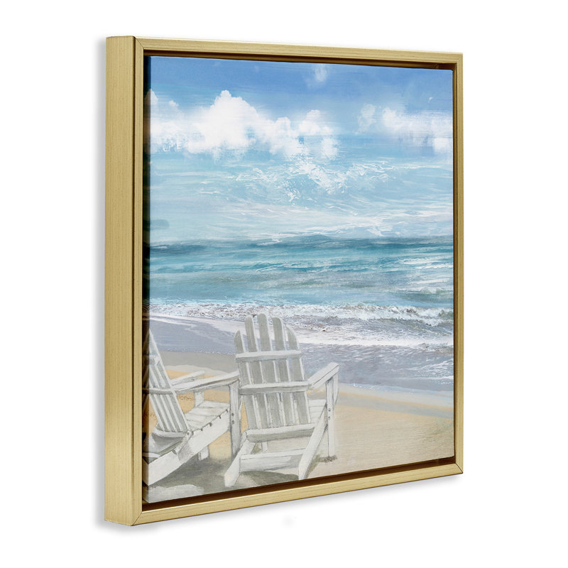 Chaises Adirondack blanches sur la plage, H 18 po x l 18 po, Cadre flottant métallique doré