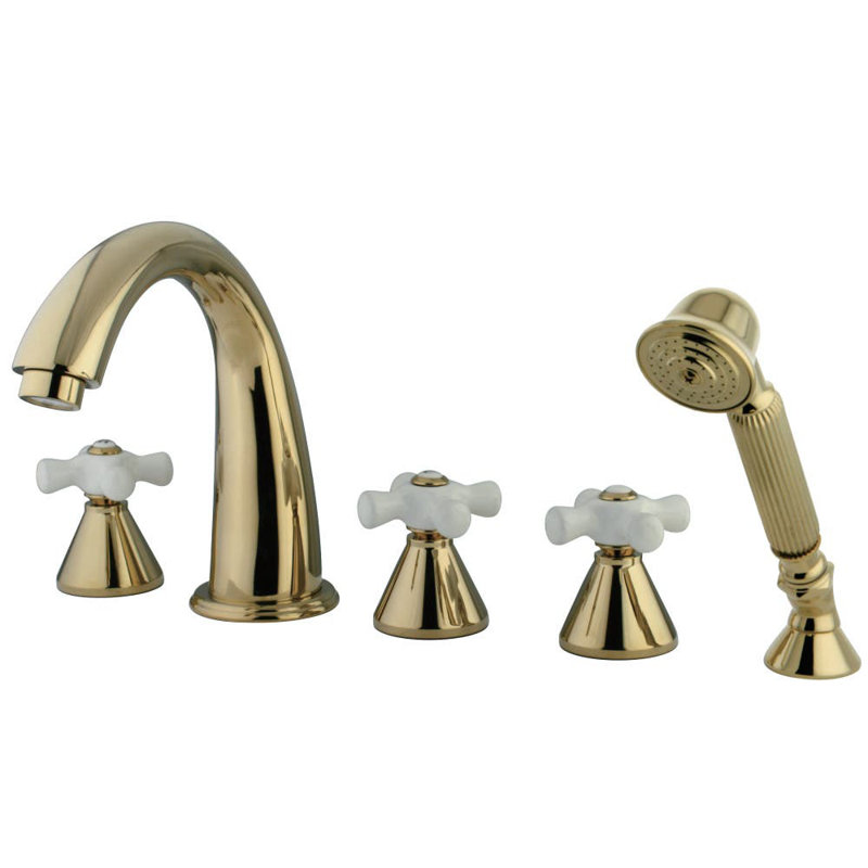 Kingston Brass Milano Three-Handle 5-Hole Deck Mount Roman Tub Faucet with Hand Shower, Brushed Nickel