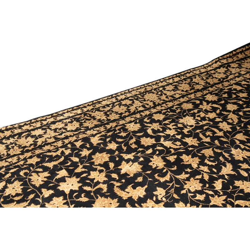 Tapis noir / brun en laine noué à la main de conception unique de conception unique de 8 pi 9 po x 11 pi 9 po