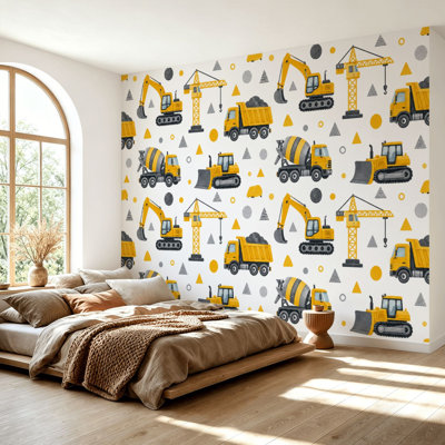 Wall Mural Peel and Stick Wallpaper Seamless Construction Vehicle Yellow Excavators Cranes Dump Trucks Self-Adhesive Removable Contact Paper Wall Decor for Living Room Bedroom 69"H x 96"W