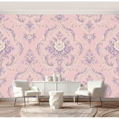 Peel and Stick Wallpaper Lavender Floral Damask Pink Wall Murals 69"H x 96"W Removable PVC Wall Paper Self-Adhesive Wall Decor for Bedroom Living Room Home Office