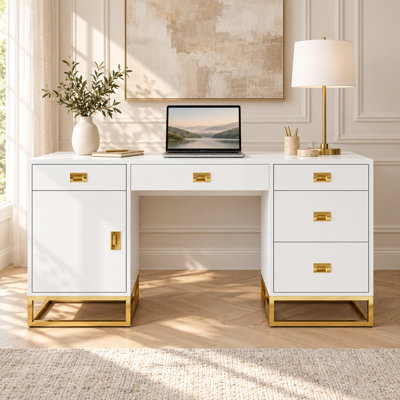 Bureau d'ordinateur moderne 58 "avec tiroirs et armoire, structure en métal doré et armoire de rangement pour bureau personnel