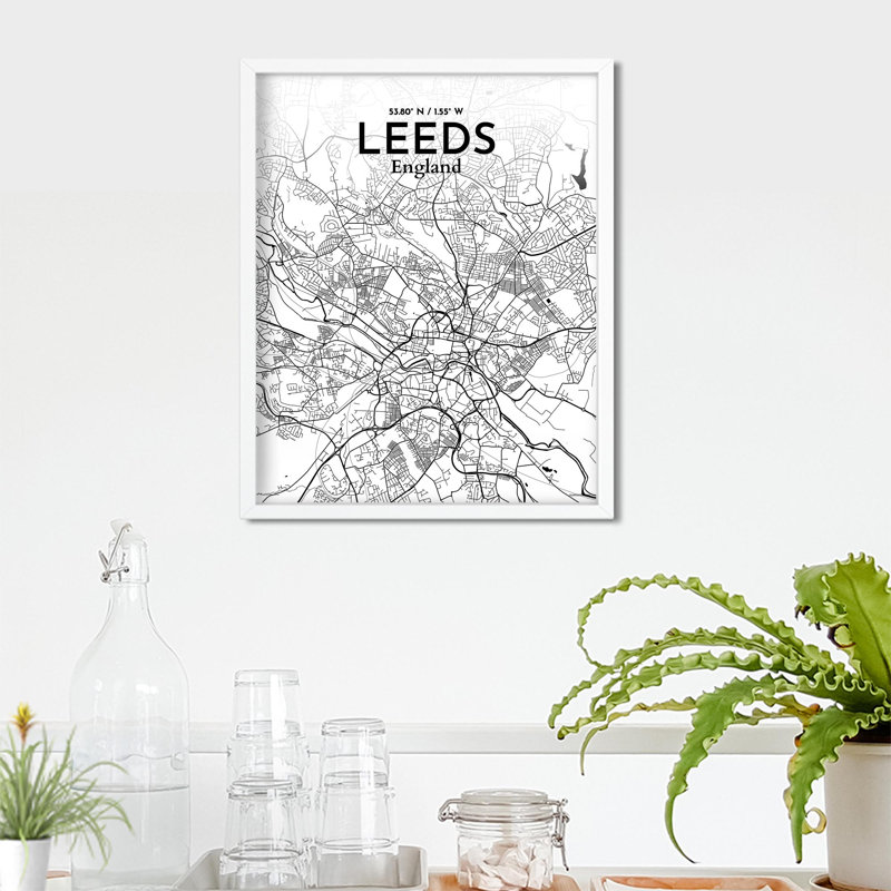 Carte de la ville de Leeds, impression, Noir / blanc, H 20 po x l 16 po