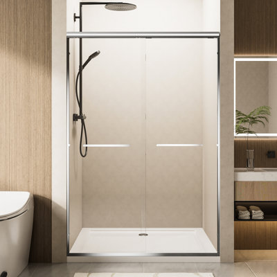 Porte de douche coulissante double en aluminium l 60 po x H 72 po, verre trempé transparent à revêtement nano de 6 mm, poignées de corrosion, installation réversible et largeur réglable pour cadre de salle de bain double