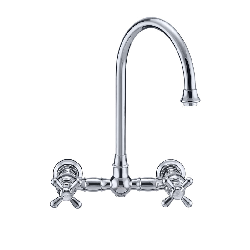 Whitehaus Collection Wall Mount Faucet with Gooseneck Swivel Spout and Solid Brass Side Spray, Polished Chrome, Cross Handles