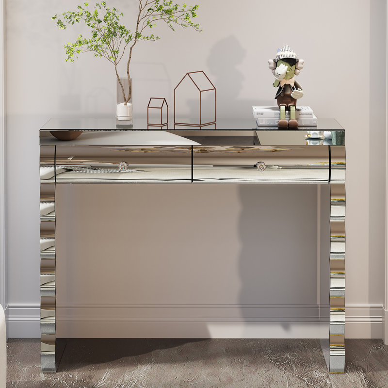 Miroir argenté brillant - table de couloir décorée avec verre incurvé, idéale pour le dos, finition simple en miroir, habillage de salon, présentoir de salon, bois de verre