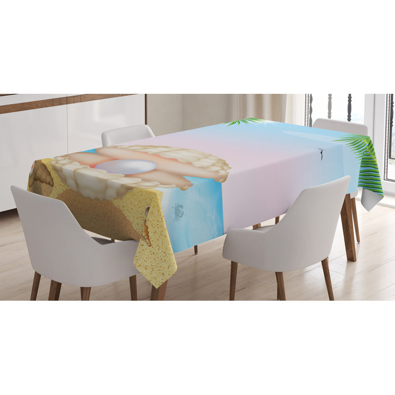 Nappe Pearls, perle en gros coquillage sur la plage de sable tropicale, rayons du soleil et arbres, reproduction de créature exotique, housse de table rectangulaire pour décor de cuisine de salle à manger, 52 po x 70 po, bleu crème