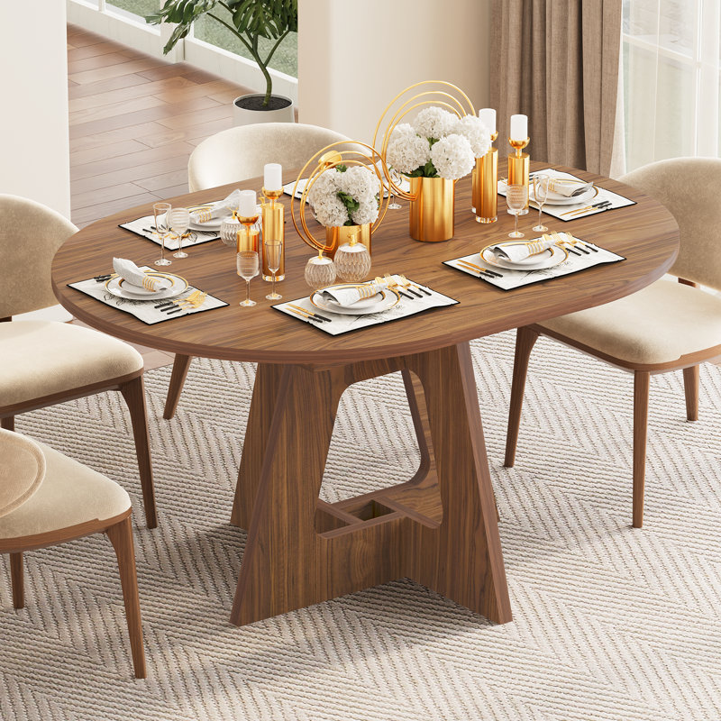 Table de salle à manger extensible ronde ovale pour 4-6 personnes avec tablette de rangement, Brun