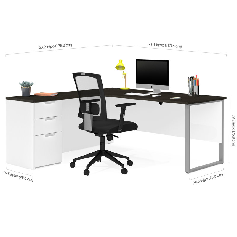 Bureau de direction en forme de L réversible avec tiroirs Kadian, Blanc
