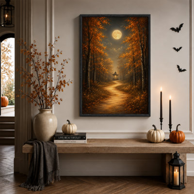 Toile murale d'Halloween représentant un chemin forestier automnal au clair de lune menant à un kiosque à musique, avec un sentier menant à un belvédère.