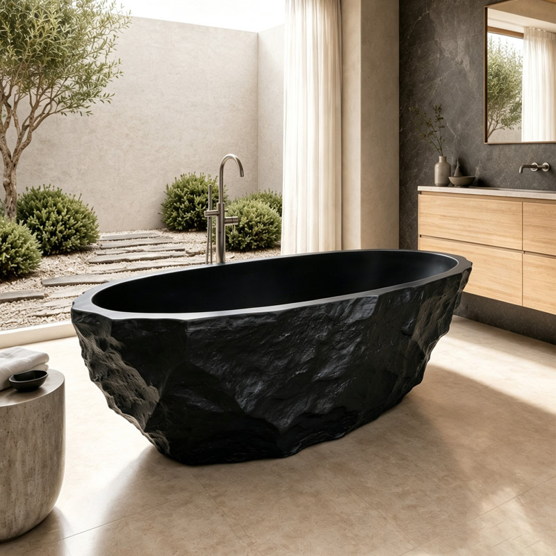 Baignoire profonde autoportante à surface solide de 67,5 po x 32 po, finition brute de style travertin