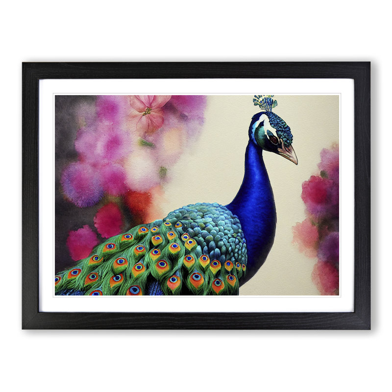 XH1022-6856X Peacock Watercolour - Picture Frame Print, Black, 46cm H x 64cm W x 2cm D