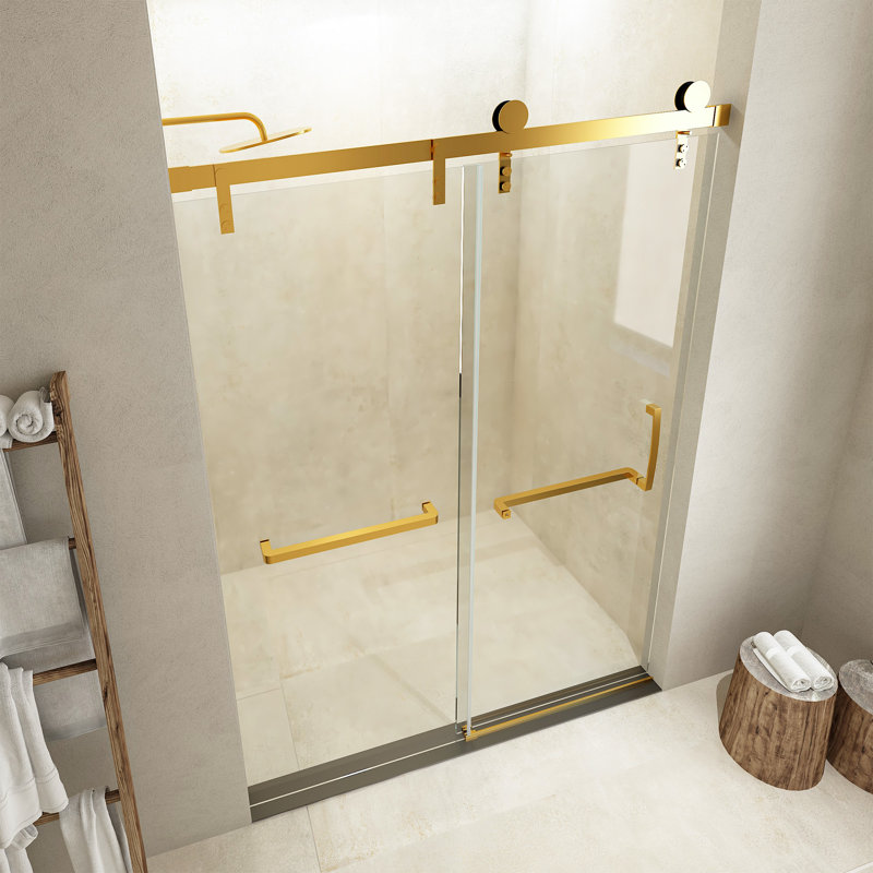 60'' W X 76'' H Single Sliding Frameless Shower Door With Soft-Closing Clear Glass, Gold
