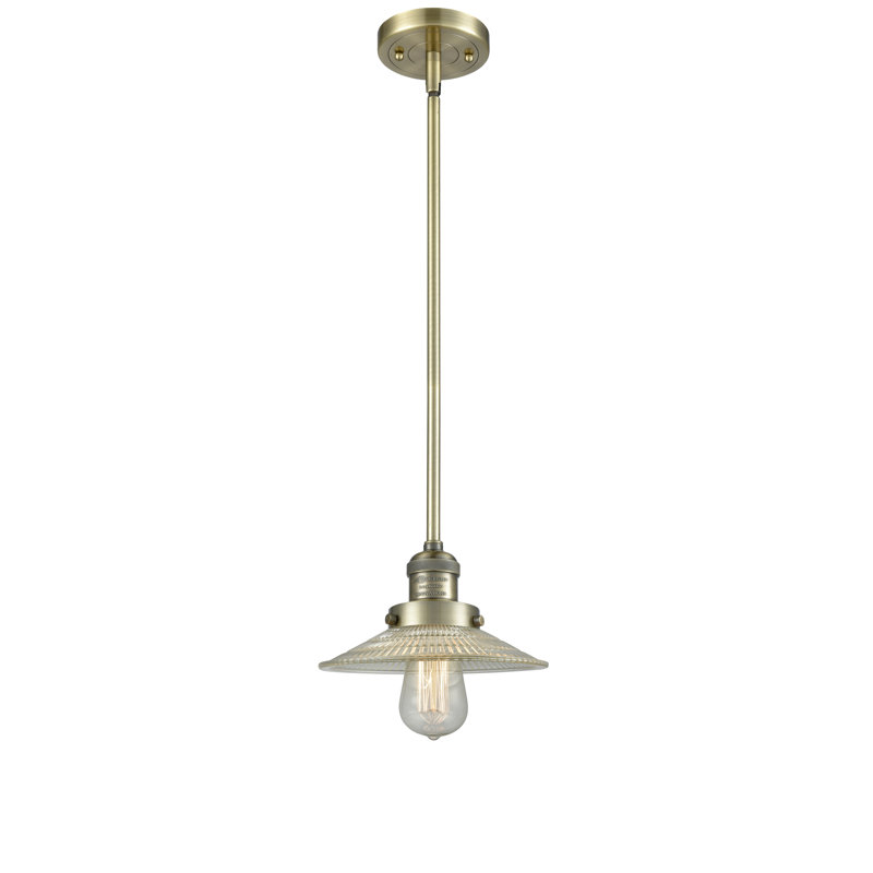 Miramontes 1 - Light Single Pendant, Clear Halophane, 60 Watt Vintage Incandescent Bulb, Antique Brass