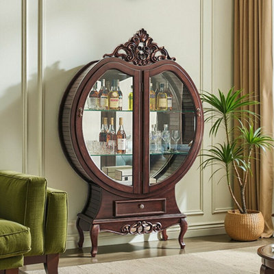 45.28" Oak Wood Apple-Shaped Wine Cabinet, Carved Glass Liquor Display Cabinet, Luxury Living Room Decor Cabinet
