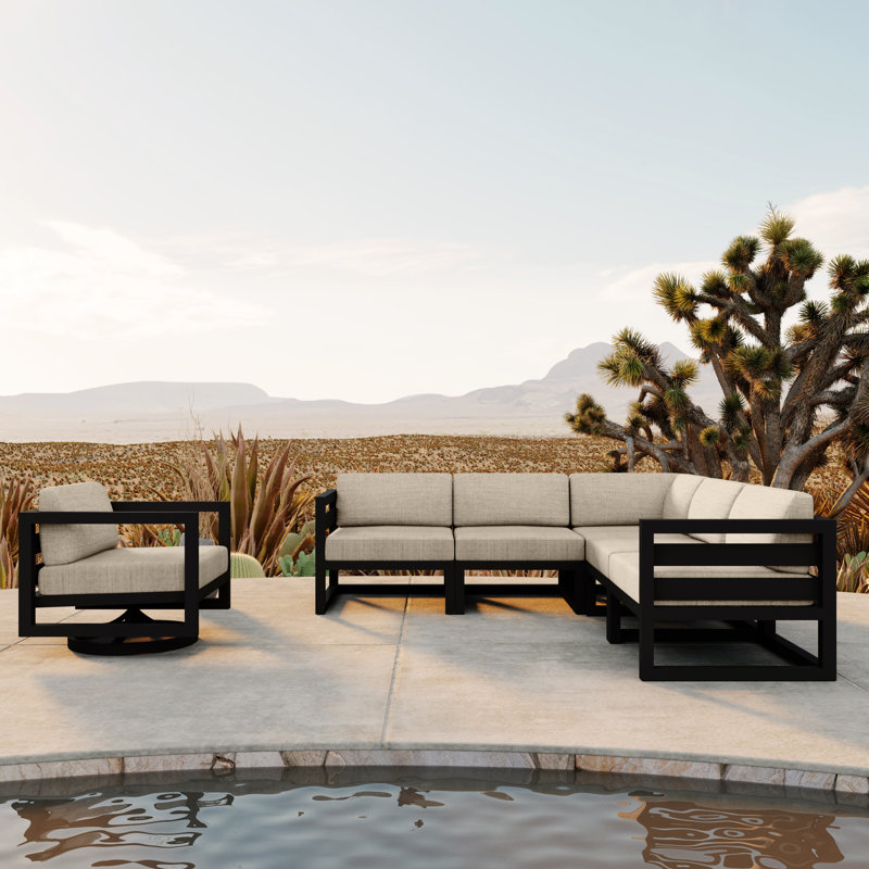 Avion 6 Piece Sectional Set With Swivel, Black, Canvas Flax Sunbrella® Canvas