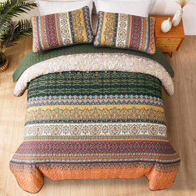 Set of 3 Boho Bohemian Quilt Set Lightweight Reversible Microfiber Bedspread Coverlet All Season Bed Decor