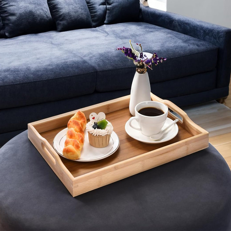 Decorative Serving Tray with Square Handles,Bamboo Breakfast Tray,Serving Platter for Eating,Working,Storing