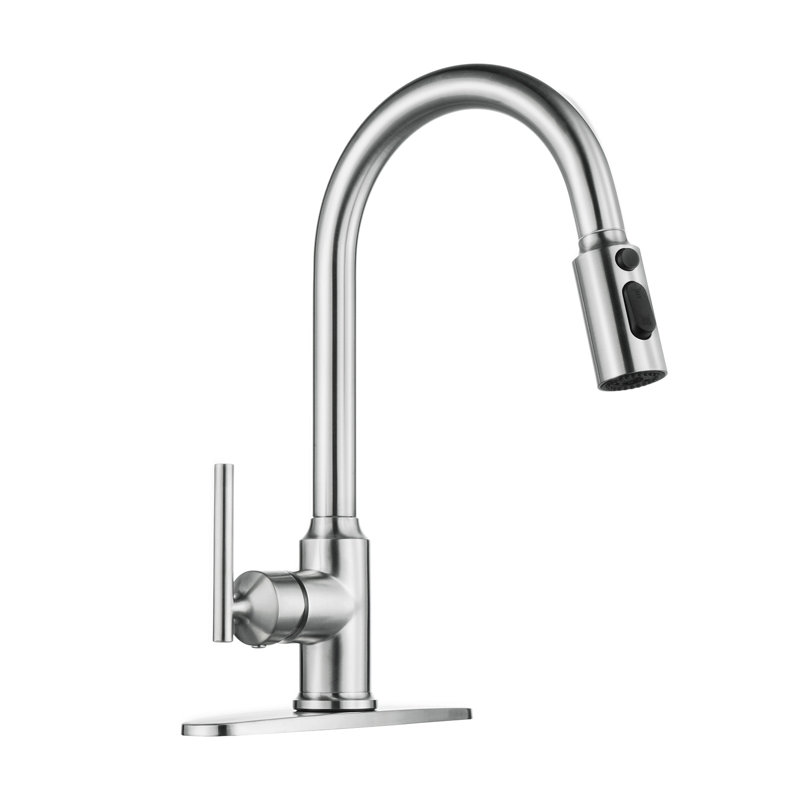 Modern High Arc Single Handle Pull-down Sprayer Kitchen Faucet With Deckplate And Supply Lines In Brushed Nickel