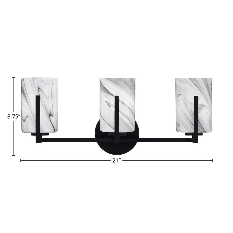Barre d'éclairage de salle de bain 3 lumières avec verre de 4 po Dayberry, Verre onyx gris, Noir mat