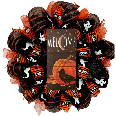 Halloween Welcome Wreath Crow and Pumpkin