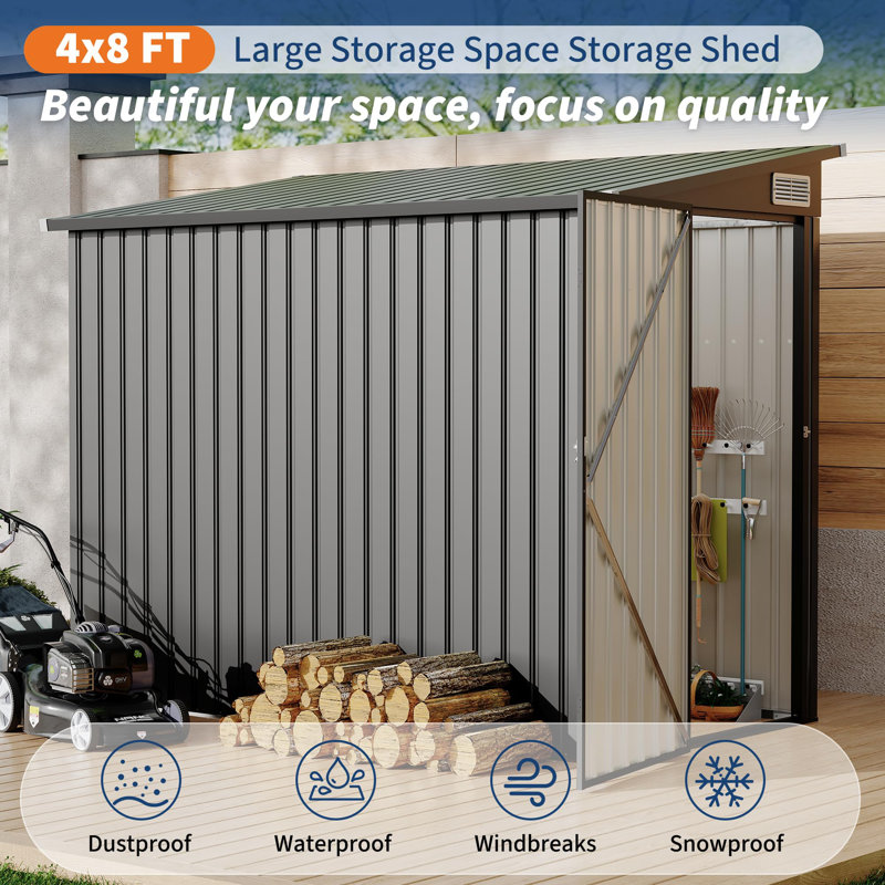 Remise de rangement extérieure en métal de 4 pi x 8 pi Lean-To, abri de jardin mural robuste pour vélos, outils et équipement de jardin