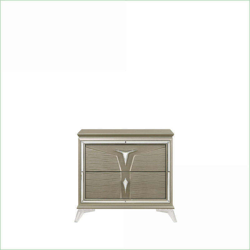 Table de chevet moderne à 2 tiroirs en bois avec accents en miroir
