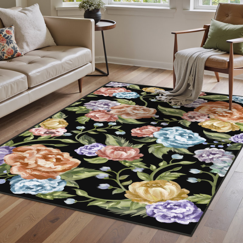 Cherry Machine Washable Floral Area Rug With Non-Slip Backing, Rectangle 3' x 5'