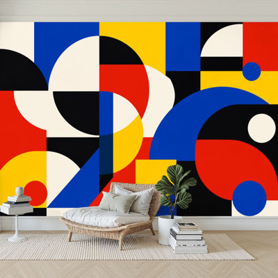 Wall Mural Peel and Stick Wallpaper Abstract Geometric Art Bold Shapes Blue Red Yellow Black White Self-Adhesive Removable Contact Paper Wall Decor for Living Room Bedroom 100"H x 144"W