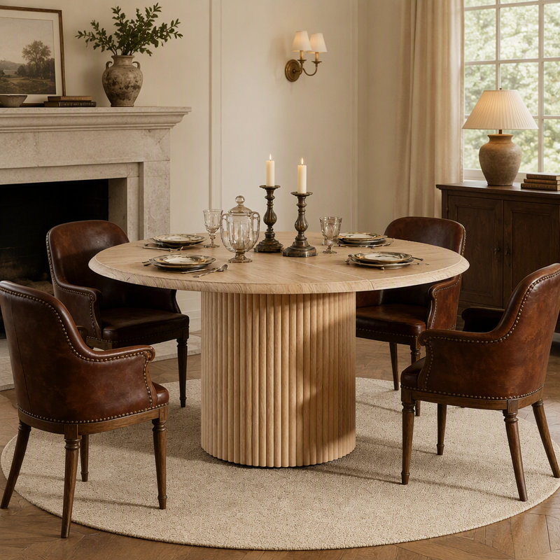 Table de salle à manger ronde avec plateau robuste en panneaux de particules E1 et piètement en métal thermolaqué, idéale pour les repas de famille et les réunions.